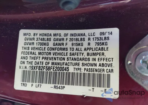 2015 Honda Civic Lx из США, поврежденный, VIN 19XFB2F58FE200045